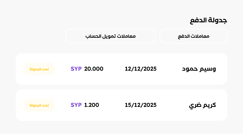 واجهة جدولة الدفع تعرض معاملتين مجدولتين: وسيم حمود بتاريخ 12/12/2025 بمبلغ 20,000 دولار وكريم داري بتاريخ 15/12/2025 مقابل 1,200.
