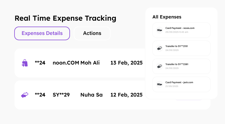 User interface for real-time expense tracking showing two expense entries with dates, names, masked account info, and a sidebar listing four recent expenses with descriptions and dates.