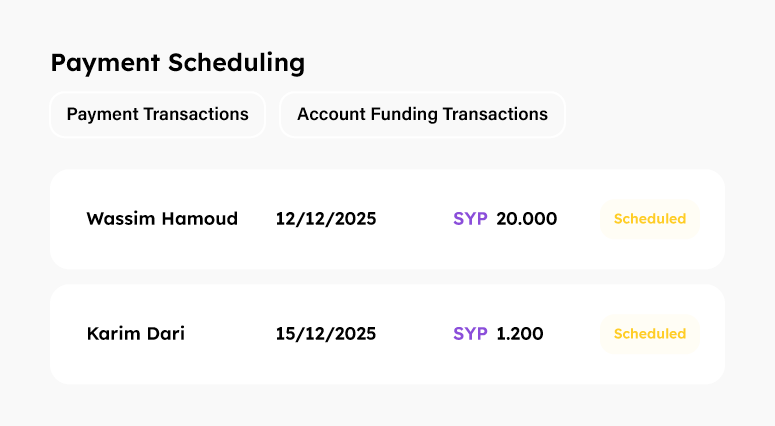 Payment Scheduling interface showing two scheduled transactions: Wassim Hamoud on 12/12/2025 for 20,000 and Karim Dari on 15/12/2025 for 1,200.
